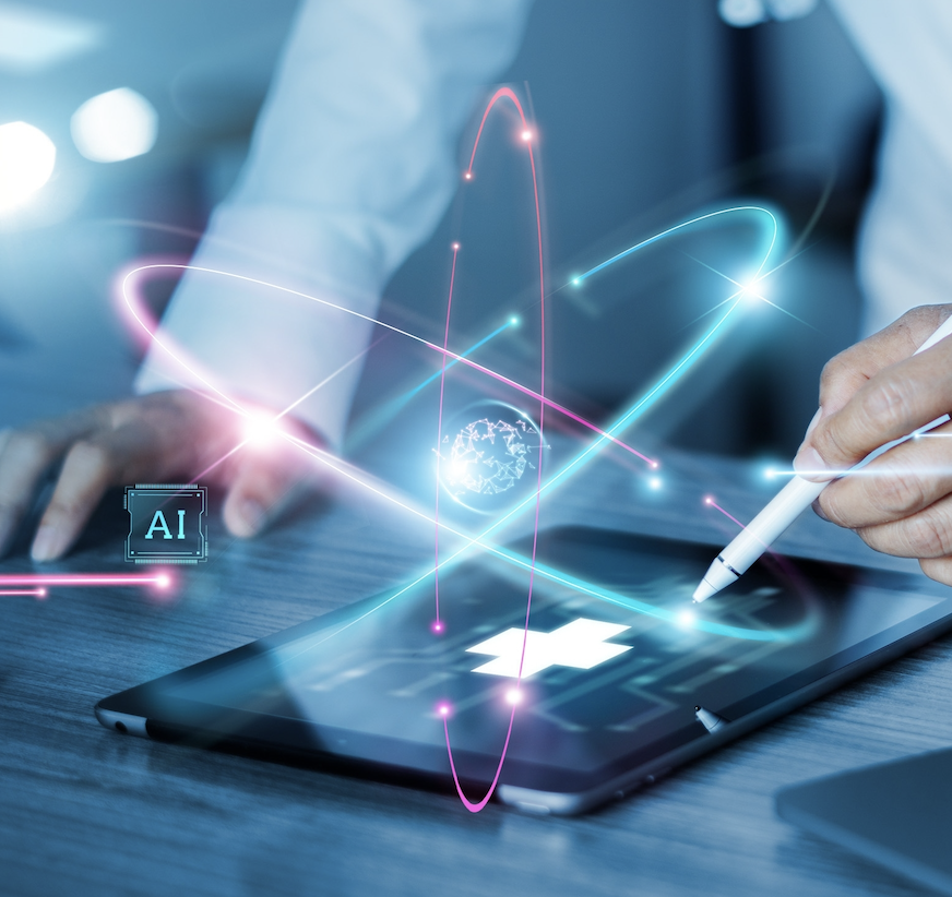 A businessman plans a healthcare digital transformation plan with a tablet and smartpen represented by blue and pink swirls and digital logos.